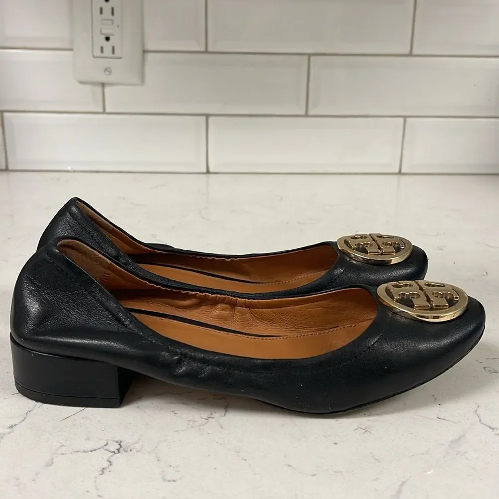 Tory Burch Benton 2 Nappa Leather Shoes Size 6.5 Black Leather Ballet Style
